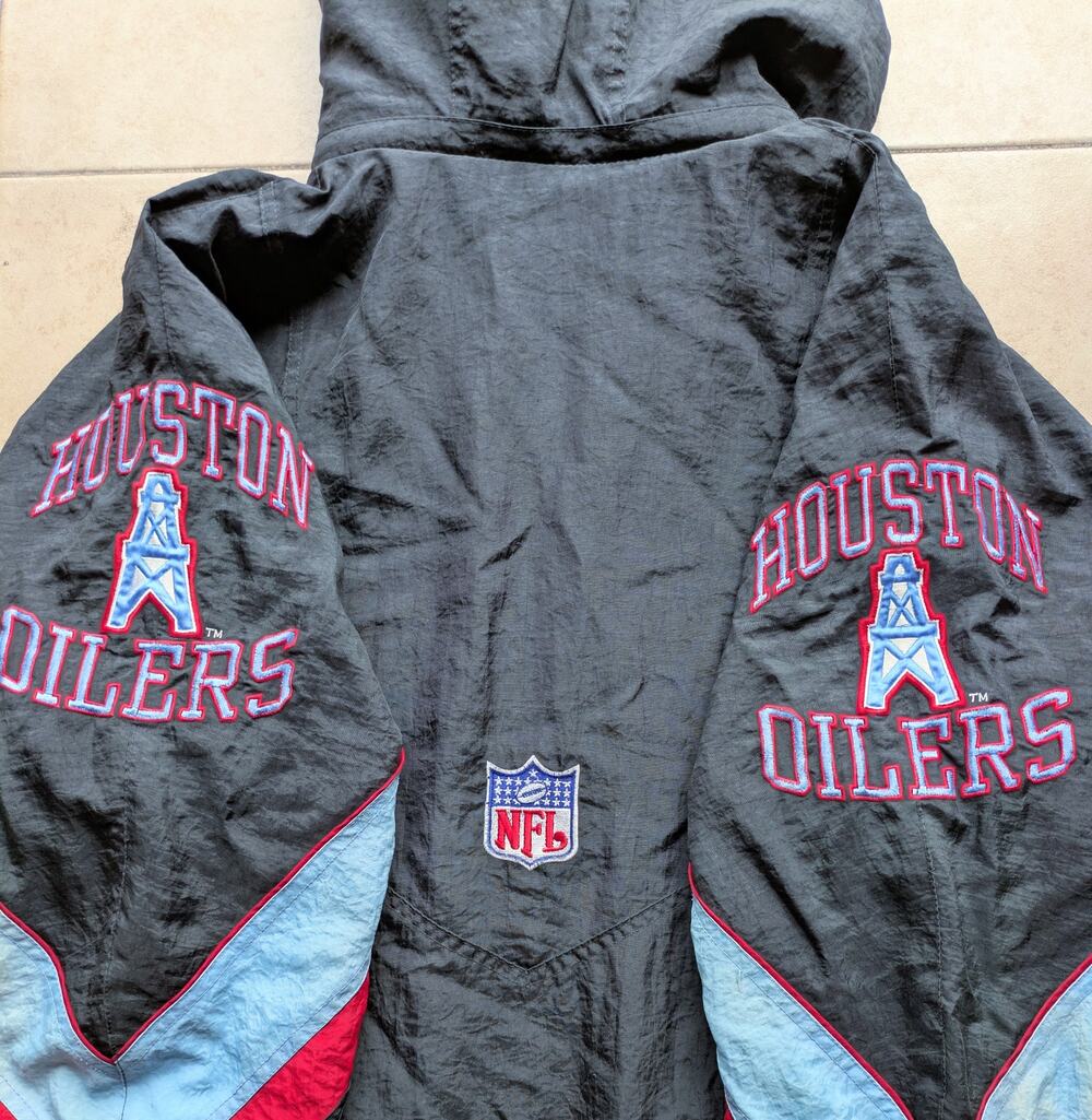 Houston Oilers 90s STARTER puffer LOGOS jacket 2XL black blue NFL Pro vintage
